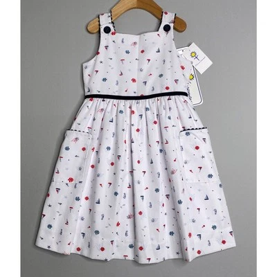 Nuevo con etiquetas Vestido Florence Eiseman Niñas 5 Años Rojo/Blanco/Azul Velero y Conchas Atado Foto 1 de 4