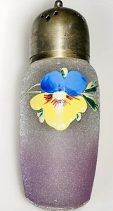 Antique Sugar Shaker Enamel Pansy Textured Glass Silver Plated EPNS Lid - Picture 1 of 11