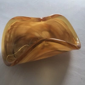 Murano Curved Amber Art Glass Bowl Venetian White Cristal - Made In Italy - Picture 1 of 11