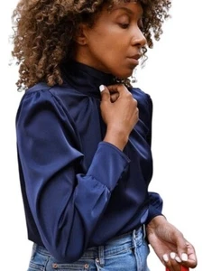 The Drop x Karenbritchick Navy Satin High-Neck Blouse Size Medium NWT #W2 - Picture 1 of 16