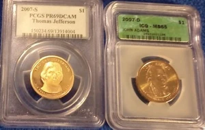 S PCGS PR69 2007 DCAM THOMAS JEFFERSON PRESIDENCIAL $1 y 2007 D MS65 John Adams - Imagen 1 de 12