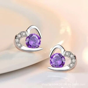 Purple Heart Swirl Crystal Stone Earrings 925 Sterling Silver Women Jewellery UK - Picture 1 of 6