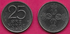 NORWAY 25 ORE 1982 UNC RULER OLAV V,CROWNED MONOGRAMS IN CROSS FORMATION - Picture 1 of 1