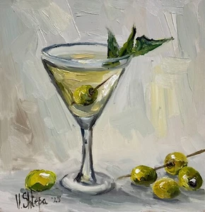 Pintura al óleo original Martini sucio bodegón oliva impresionismo arte firmado - Imagen 1 de 7