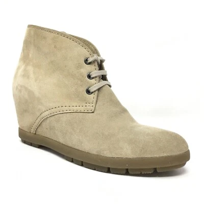 Prada Logo Ankle Boots Booties Shoes Womens Size 8.5 US 38.5 EU Beige Wedge - Image 1 of 4