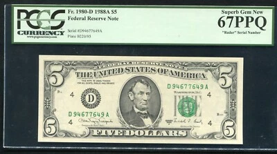 FR 1980-D 1988-A $5 FRN “RADAR S/N D94677649A” CLEVELAND, OH PCGS GEM UNC-67PPQ - Image 1 of 2