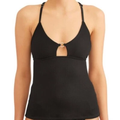 Traje de baño Tankini acanalado con tiras en la espalda Time and Tru para mujer negro rico Foto 1 de 2