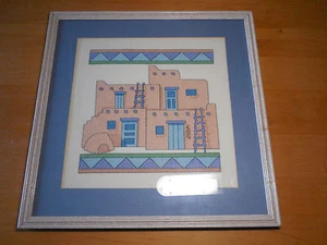 Matted & Framed SOUTHWEST Cross stitch Design Adobe Casa Pueblo Peach 17x17 - Picture 1 of 1