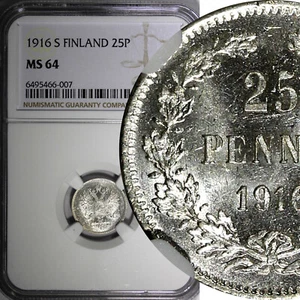 Finland Nicholas II Silver 1916 S 25 Pennia NGC MS64 GEM BU KM #6.2 (007) - Picture 1 of 4