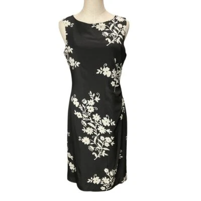 DAVID WARREN NY Women's100% Silk Sheath  Dress Size 8 Black Sleeveless Floral - Image 1 of 4