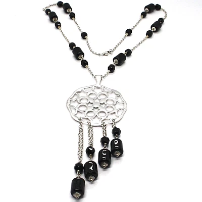 Collar Plata 925 Con Ónix Negro Tubo Medallón Estrellas Y Círculos Y Cascada - Imagen 1 de 4