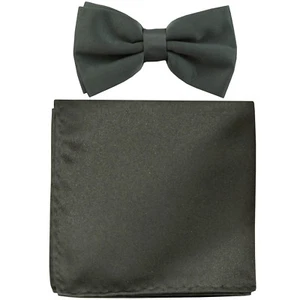 New formal Men's polyester pre-tied bow tie_hankie solid dark gray wedding prom - Picture 1 of 3