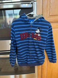 Disney Parks Kid’s Mickey Graphic Blue Striped Pile Lined Hood L Zip Jacket - Picture 1 of 3
