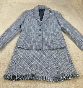 Conjunto de falda blazer Apostrophe para mujer talla 10 mezcla de lana forrada negra blanca con flecos - Imagen 1 de 19
