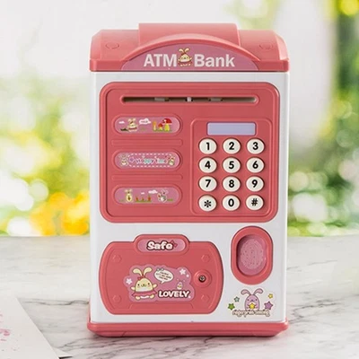 Kleiner Fingerabdruck ATM Spardose Geldautomat mit Zahlen, Rosa/Blau - Bild 1 von 2