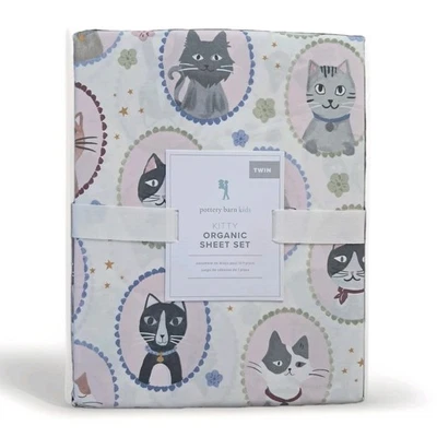 Pottery Barn Kitty Organic Sheet Set Cat Twin Size Pink & Gray - Image 1 of 4