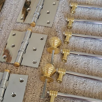 UNIQUE Chrome  Gold Cabinet Pulls 4” Drawer Handles 24 MATCHING HINGES KNOBS ! - Image 1 of 4