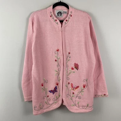 Cárdigan Suéter Tejido Storybook Cremallera Completa Talla L Rosa Cuentas Floral Mariposa Foto 1 de 4