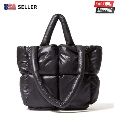 JOLLQUE QUILTED PUFFER TOTE BAG WOMEN LARGE PILLOW PADDED WINTER BLACK BAG - Image 1 of 4