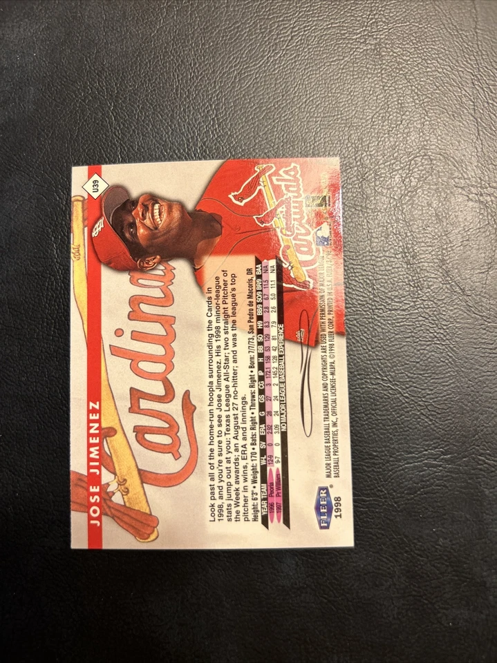 C54a 1998 Fleer Tradition Update U39 Jose Jimenez, St. Louis Cardinals Rookie - Image 1 of 2