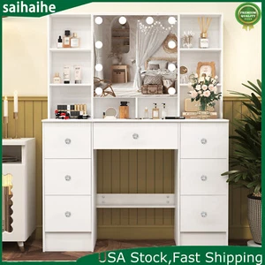 Makeup Dressing Table w/ LED Lighted Mirror & 7 Drawers Vanity Desk For Bedroom - Picture 1 of 13