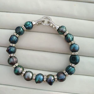 Rare Stunning South Sea Baroque Peacock Black Pearl Bracelet 7.5-8inch Silver - Picture 1 of 6