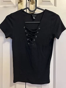 New Look Womens Tie Front Black Short Sleeve T-shirt Ribbed Size UK 8 - Picture 1 of 4