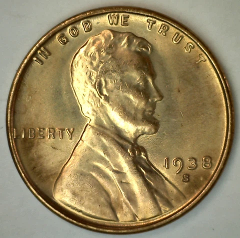 1938 S Lincoln Wheat Cent Coin 1c San Francisco Mint Bronze Penny Uncirculated Cover