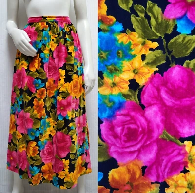 Vintage Bright Floral Rose Print Velvet Long Skirt - Waist 27 inches - EUC - Image 1 of 4