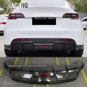 FIT FOR 2020-2023 TESLA MODEL Y REAL CARBON FIBER REAR BUMPER DIFFUSER LIP W/LED - Picture 1 of 23