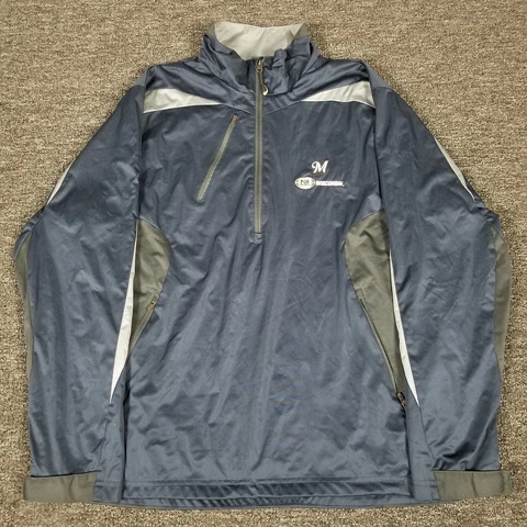 Milwaukee Brewers Jacket Mens Large Blue Full Zip Fox Sports Wisconsin 50" Chest Cover