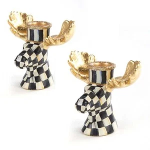 NEW MacKenzie-Childs COURTLY CHECK MOOSE CANDLESTICKS So festive & fun! NEW/MINT - Picture 1 of 6