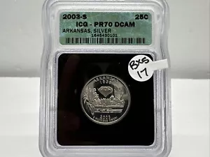 2003 S Proof Silver Arkansas State Quarter ICG PR70DCAM BX5-17 - Picture 1 of 4