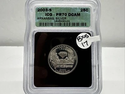 2003 S Proof Silver Arkansas State Quarter ICG PR70DCAM BX5-17 - Image 1 of 4
