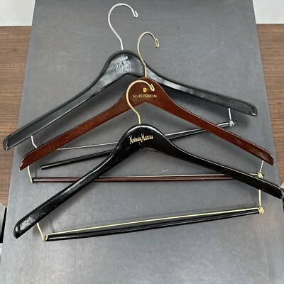 Nordstrom Wooden Hanger Lot Of 3 Saks 5th Avenue, Neiman Marcus Black & Brown - Image 1 of 4