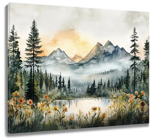 Mountain Tree Green Forest Abstract Wall Art for Bathroom Living Room 10x8 Inch - Picture 1 of 7