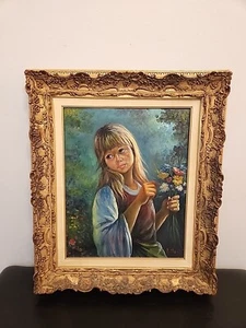 Original Painting Oil on Canvas Signed Framed Girl with Flowers 20×16 Vintage - Picture 1 of 24