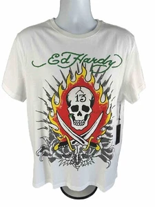 Ed Hardy Men’s Short Sleeve Free Forever Flaming Skull Sword Tshirt Large White - Picture 1 of 5