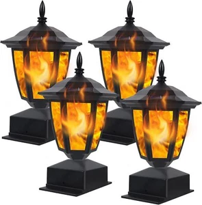 4Pk Solar Fence Post Cap Lights Lamps Outdoor Patio Flickering Flame LED Lantern - Picture 1 of 7