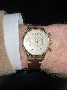 Stunning HEMA Swiss Chronograph Rare Red Blue Number Dial Gold Plate Leather - Picture 1 of 9