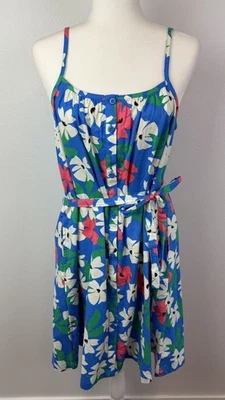 Hanna Anderson Womens Blue Floral Belted Sundress Size M Pockets Preppy Resort - Image 1 of 4