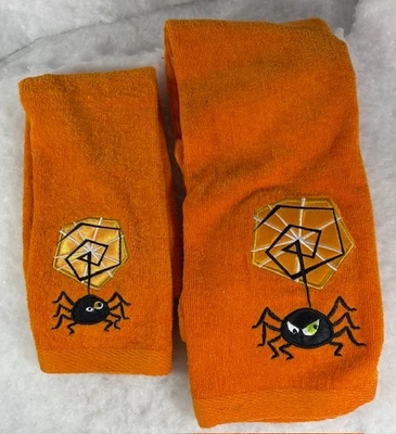 VTG Set of 2 Orange Embroidered Halloween Hand Towels Spider with Web - Image 1 of 4