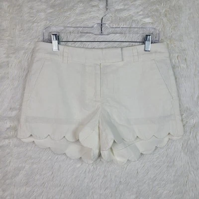 Pantalones Cortos Talla 4 J Crew Blanco Lino Mezcla de Algodón Dobladillo Festoneado Pantalones Cortos Preppy Verano Foto 1 de 4