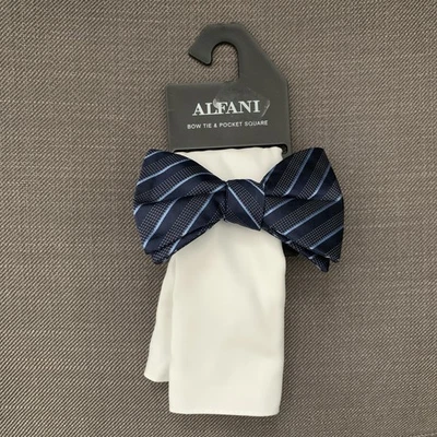 Alfani Mens Pre Tied Stripe Bow Tie & Solid Pocket Square Set Navy/White - Image 1 of 2