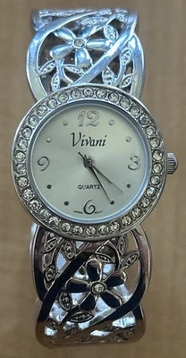 Accutime VIVANI Silver Tone Floral Hinge Cuff Diamond Women's Watch NEW BATTERY - Image 1 of 4