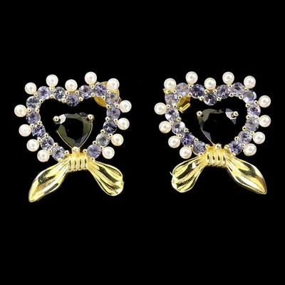 Pendientes de plata de ley 925 corazón zafiro tanzanita perlas piedras preciosas joyería Foto 1 de 4