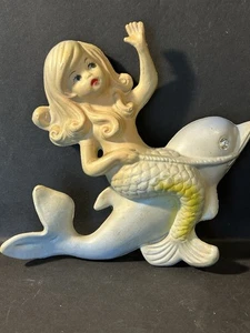 Vintage Lefton Plastic Mermaid Riding Dolphin Wall Plaque Rhinestone Eye  - Picture 1 of 5
