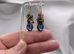 London Blue Topaz Earrings SIMULATED Briolette Handmade Dangle - 14K Gold Filled - Picture 1 of 4