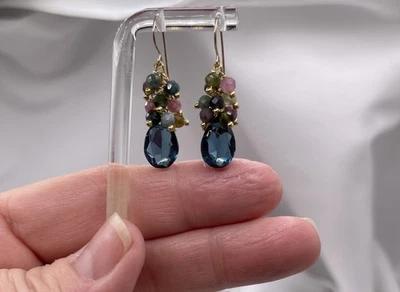 London Blue Topaz Earrings SIMULATED Briolette Handmade Dangle - 14K Gold Filled - Image 1 of 4
