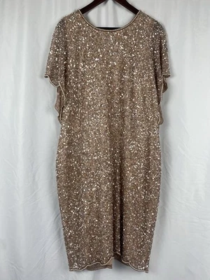 Vestido de fiesta Adrianna Papell con cuentas manga acampanada lentejuelas talla 20W oro rosa  Foto 1 de 4